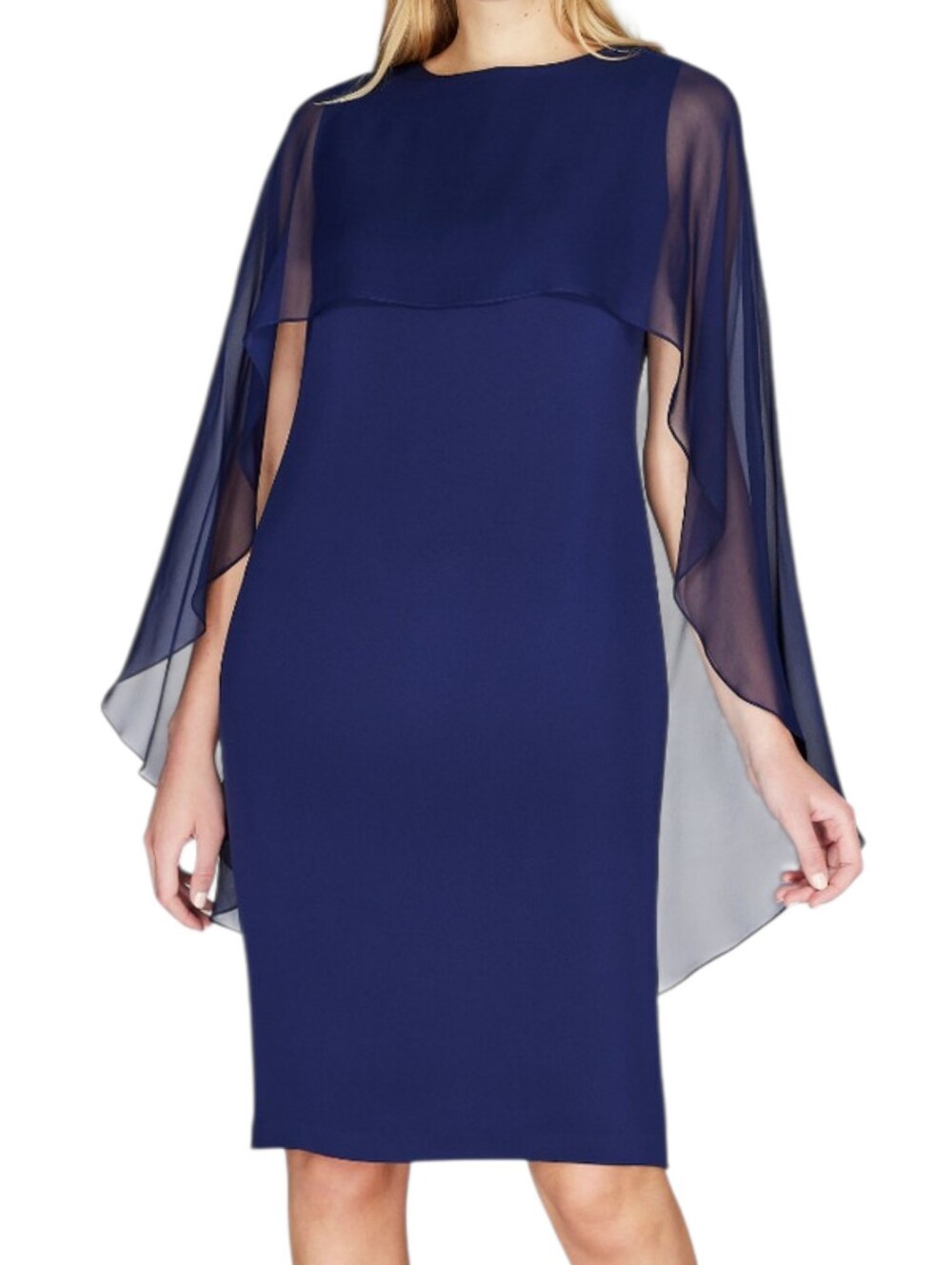 Emmelle Design Silk Dress Chiffon Cape Overlay Navy Blue Midi Cocktail Dress M